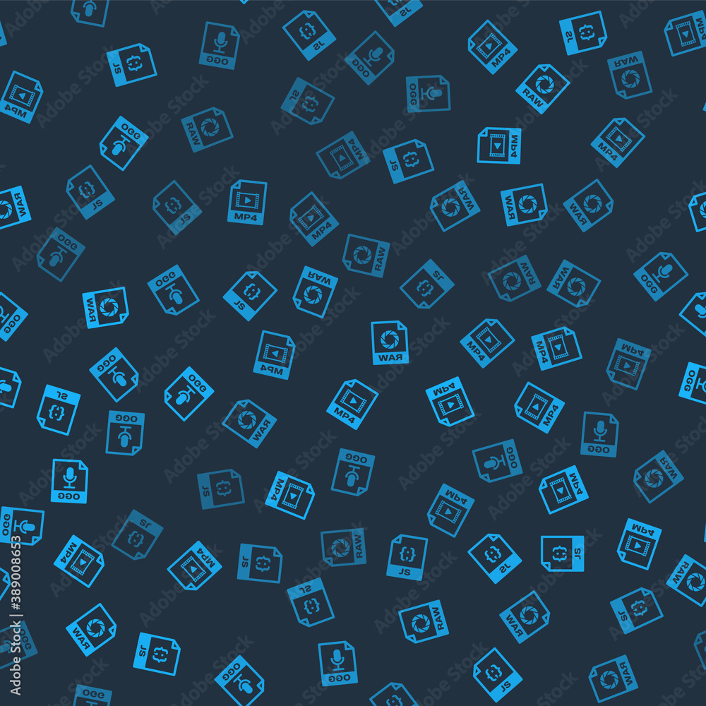 Poster set js file document, mp4, raw and ogg on seamless pattern. vector.