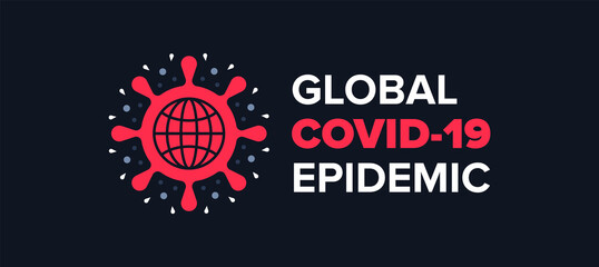 Fototapeta na wymiar Coronavirus Covid-19 Global Epidemic Logo Banner with Global Coronavirus Bacteria Cell Icon Vector Design