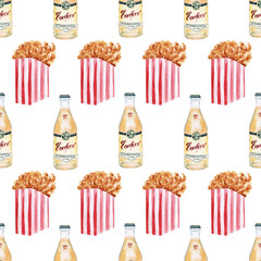 Watercolor seamless pattern with circus animals and holiday paraphernalia, balloons, banners, magic wands, cotton candy and popcorn
