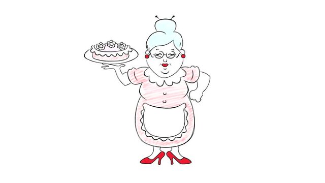 Classic animation: an old lady holding a beautiful cake in her hand