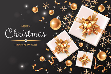 Fototapeta na wymiar Horizontal banner with golden Christmas symbols and text. Christmas balls, gifts, ribbons and other festive elements on black background.