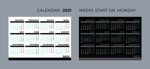 2021 calendar template. 2021 yearly minimalistic calendar. 12 months yearly calendar 2021. Week starts on monday.