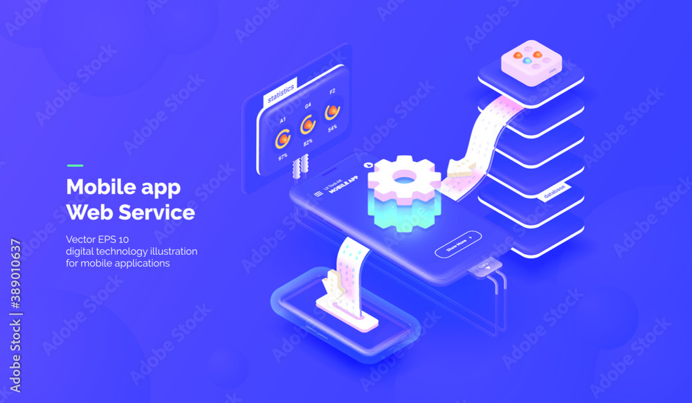 Fototapete Web service for mobile applications. Integration systems. Mobile phone with a service for monitoring application parameters and obtaining statistical data. Vector illustration isometric style.