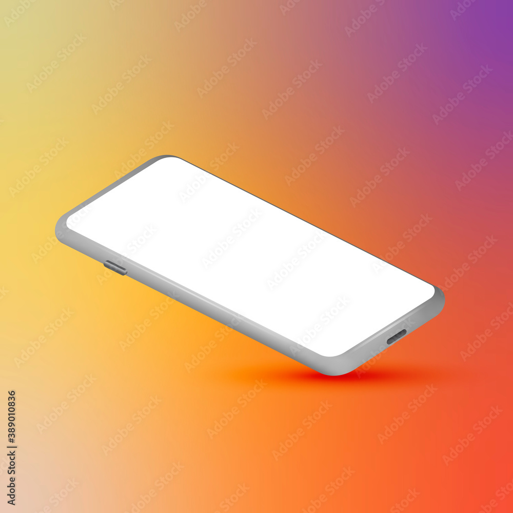 Poster mobile phone with blank screen. silver smartphone 3d perspective view. colorful gradient mesh backgr