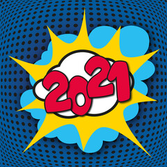 Carte de vœux 2021 avec un graphisme pop art symbolisant l’énergie et la motivation pour commencer la nouvelle année.