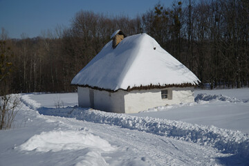 Wonderful winter landscape with wooden houses. Winter village. Frosty trees in warm sunlight. Picturesque natural landscapes