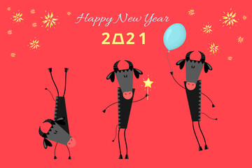 Happy New Year greeting card with various poses funny simple trapezoid shaped black bulls. Ox is a symbol of 2021 in Chinese horoscope.