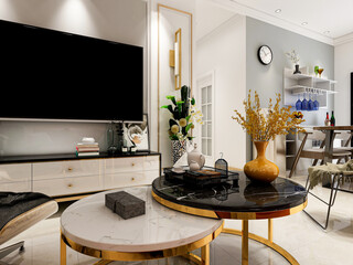 There are cloth sofa and table in the clean living room