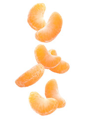 Fresh ripe tangerine pieces falling on white background