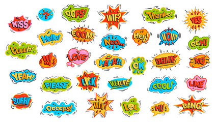 Comic style slogan stickers, large set. Youth sticker for printing or emoji online communication.