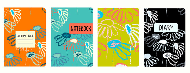 Cover page vector templates based on seamless patterns with hand drawn Echinacea flowers. Background for school exercise books, notebooks, diaries