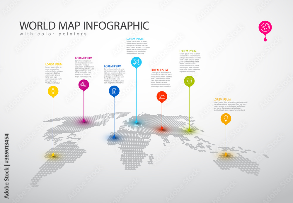 Poster world map infograph template with pointer marks