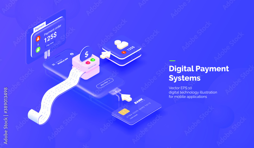 Poster digital payment system. payment mobile app with various money transfer tools. phone with a mobile in