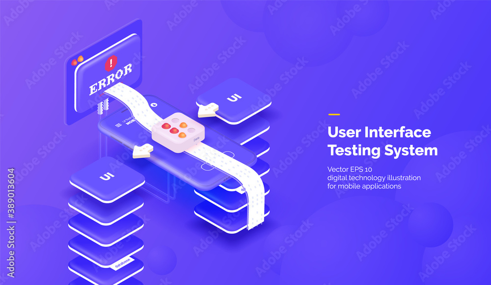 Fototapete User interface testing. Mobile phone with a system for testing UI and monitoring application data. Mobile Application Errors. Vector illustration isometric style.