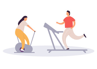 Fat man running on treadmill and fat woman on exercise bicycle. Cartoon character doing cardio training on exercise machine, weight loss concept. Flat vector illustration