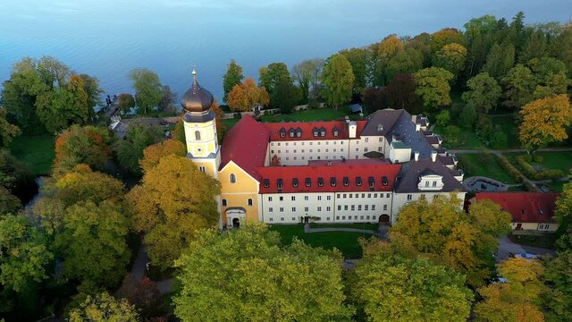 Aerial view of Bernried Abbey at Lake Starnberg, Bavaria, Germany