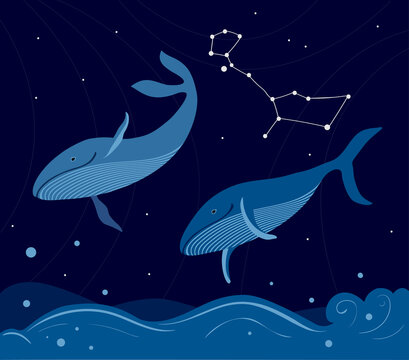 Night sea with two whales under the starry sky. Cetus constellation.