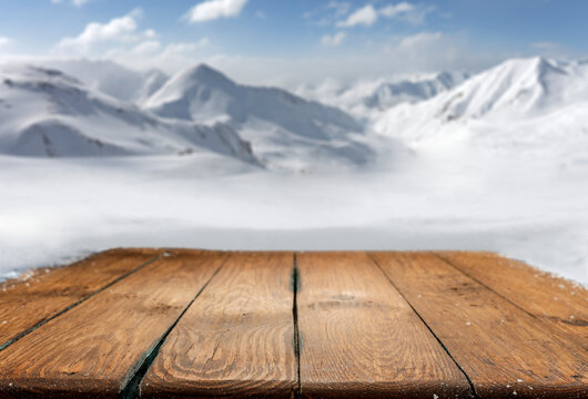 Desk of free space and winter landscape 