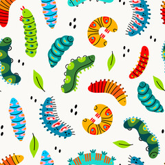Various spring and summer colorful Caterpillars. Different silhouettes and shapes. Cute funny insects. Pretty colored characters. Hand drawn trendy Vector Seamless Pattern. Background, Wallpaper