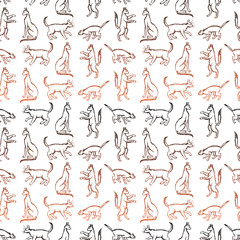 Seamless background of outlines domestic cats in various poses