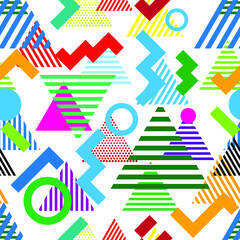 Hipster fashion .Trendy seamless pattern in Memphis style and with different shapes i. Jumble design . Repeating zigzag smooth lines vector background . Cool geometric texture .