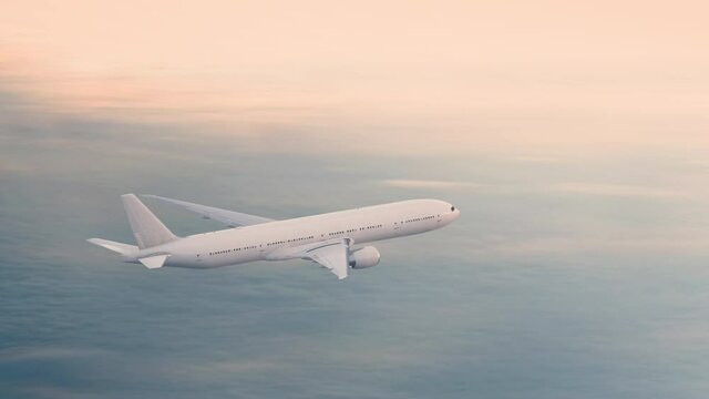 Generic jumbo jet airliner flying above the clouds at dawn. Realistic 3D rendering