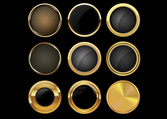 Set of gold buttons on grey background. Vector version.