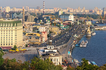 Fototapeta na wymiar Kyiv, Ukraine-September 26, 2020:Aerial landscape view of Kyiv. Poshtova Square (Postal Square) is one of the oldest historic squares of the city. Famous touristic place and travel destination in Kyiv