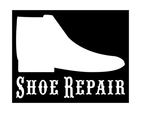 Logo of a shoe repair shop, workshop shoemaker. Design element for signboard, banner, flyer, poster and other use. The inscription "Shoe repair". Boot silhouette. Isolated vector illustration, icon.