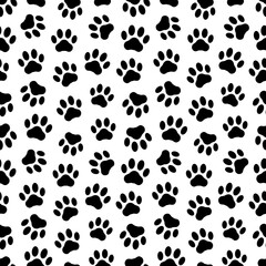 Fototapeta na wymiar Pet prints. Paw seamless pattern. Cute background for pets, dog or cat. Foot puppy. Black silhouette shape paw. Footprint pet. Animal track. Trace foot dog, cat. Design walks pet for print. Vector