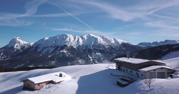 View of mountain huts in winter, Achenkirch, Austria
