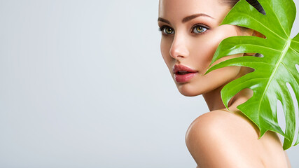Beautiful woman with green leave near face and body.  Closeup girl's face with green leave. Skin...