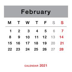 February 2021 planning calendar . Simple February 2021 calendar. Week starts from Monday. Template of calendar for February