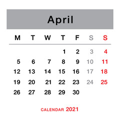 April 2021 planning calendar . Simple April 2021 calendar. Week starts from Monday. Template of calendar for April
