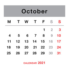 October  2021 planning calendar . Simple October 2021 calendar. Week starts from Monday. Template of calendar for October