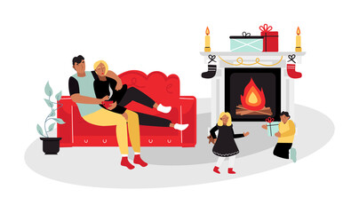 Naklejka premium The family rests at home with cocoa near the fireplace. New Year atmosphere. Vector illustration