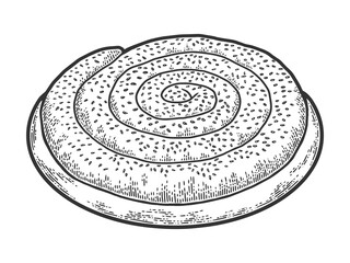 Snail pie, rounded confection. Engraving vector illustration. Sketch scratch board imitation.