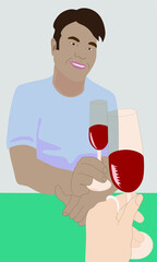 Young man with Mediterranean appearance cheers with his glass of red wine.