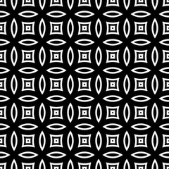 White figures tessellation on black background. Image with oval and quadrangular shapes. Ethnic arabic mosaic tiles motif. Seamless surface pattern design with interlocking circles ornament. Vector.