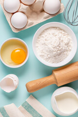Baking or cooking background. Ingredients, kitchen items for baking.