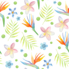 Fototapeta na wymiar Seamless pattern. Watercolor exotic flowers. Tropical plants. Strelitzia, Plumeria.