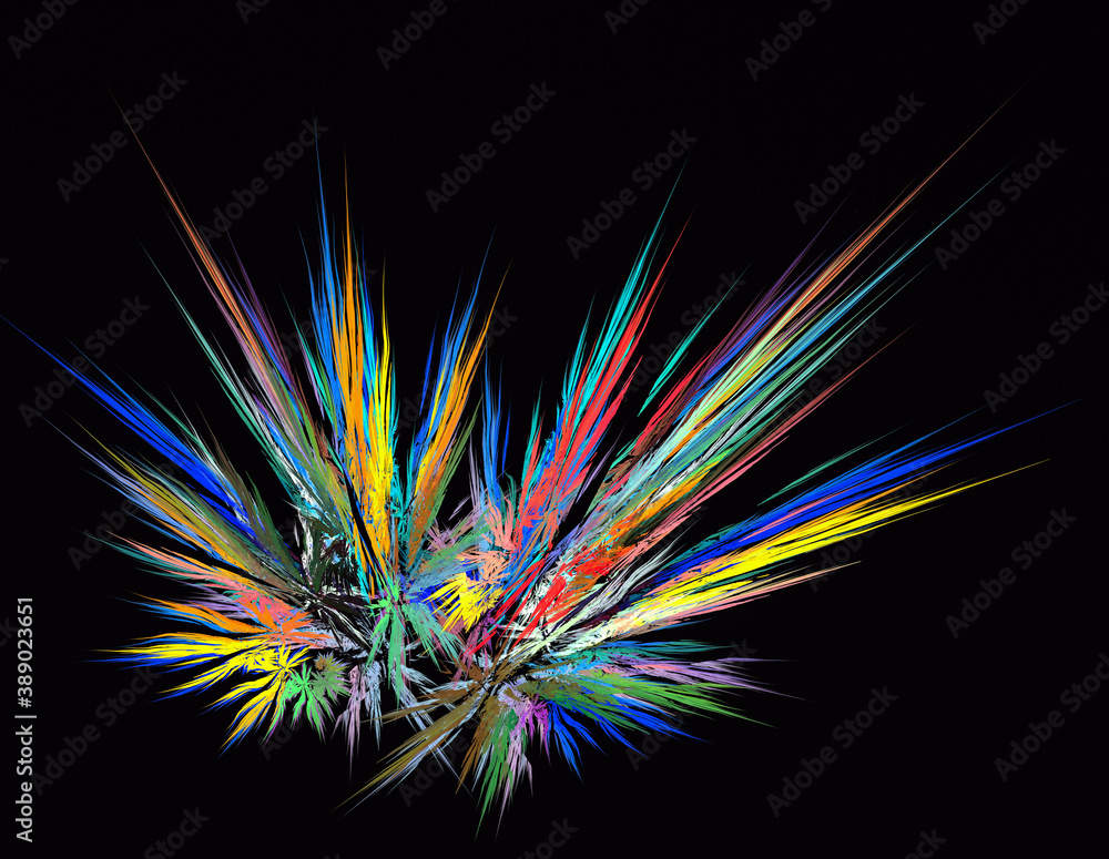 Poster multicolored burst or fireworks against black background. abstract fractal background. 3d rendering.