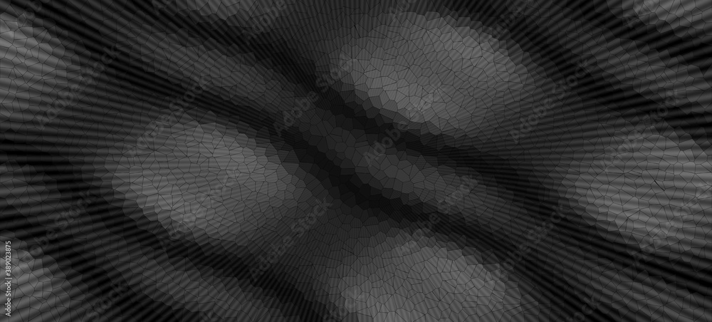 Poster 3d render dark gray black mesh polygon rays of a wave of modern techno background.
