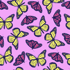 Seamless vector butterflies pattern. Butterfly print. Trendy animal motif wallpaper. Fashionable background for fabric, textile, design, banner, cover, web etc.