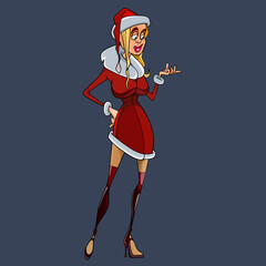 cartoon woman in christmas red santa claus costume and boots stockings