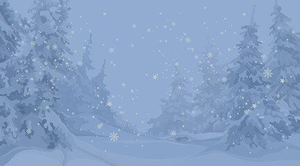 drawn winter forest with snowy fir trees and falling snowflakes
