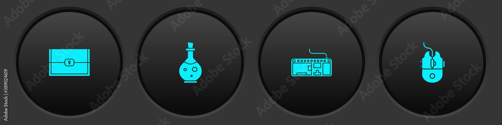 Aufkleber set chest for game, bottle with magic elixir, computer keyboard and mouse gaming icon. vector.