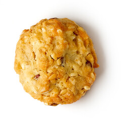 Oat flake cookie isolated on white, from above
