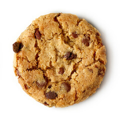 Chocolate chip cookie isolated on white, from above