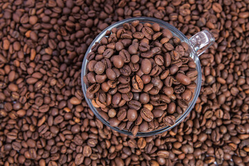 Cup of coffee on the coffee beans background